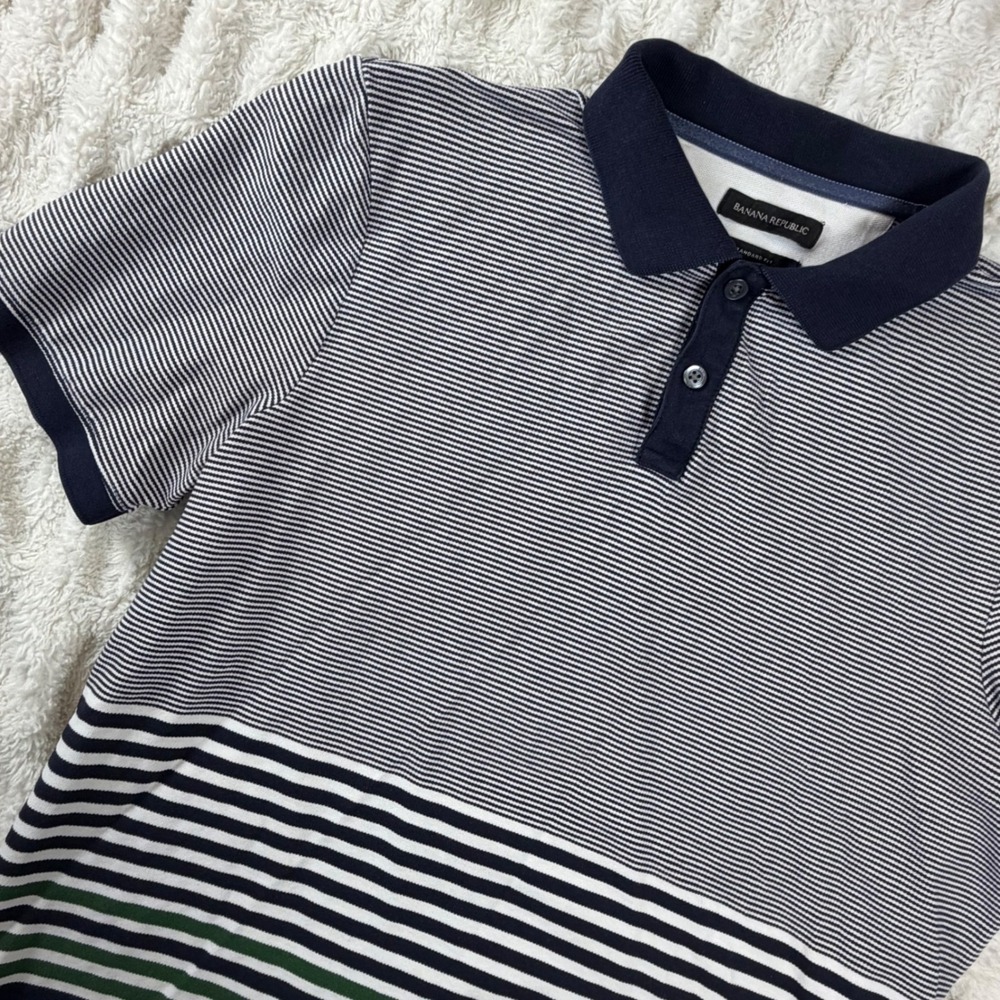 Banana Republic Mens Standard Fit Striped Polo Shirt Navy White Green Large